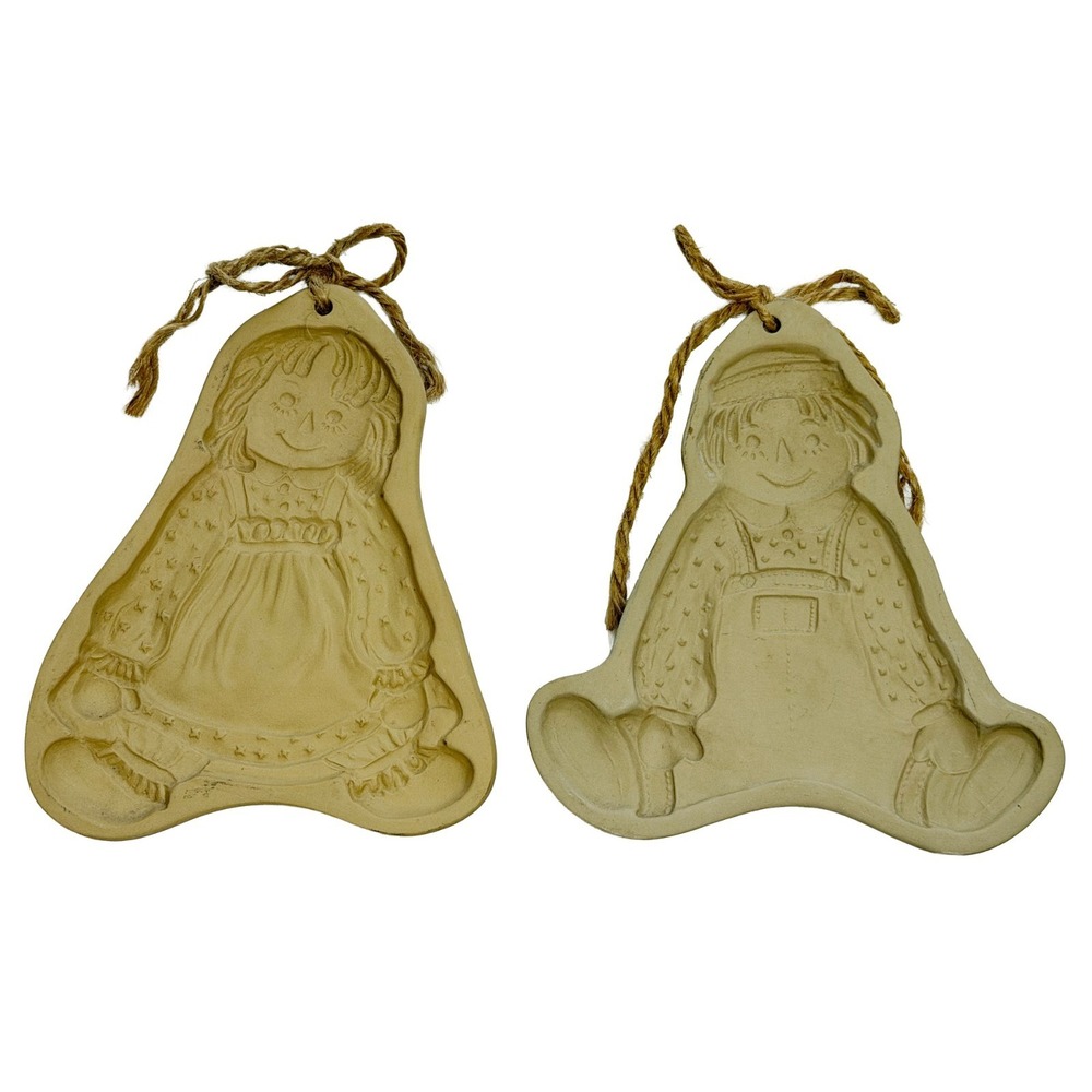 Raggedy Ann & Andy Stoneware Vintage Cookie Molds 1985 & 1986 Brown Bag